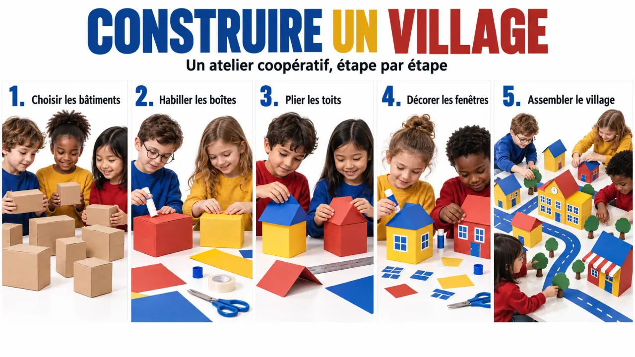 Activités manuelles enfants : construction collective d’un village en boîtes de récupération