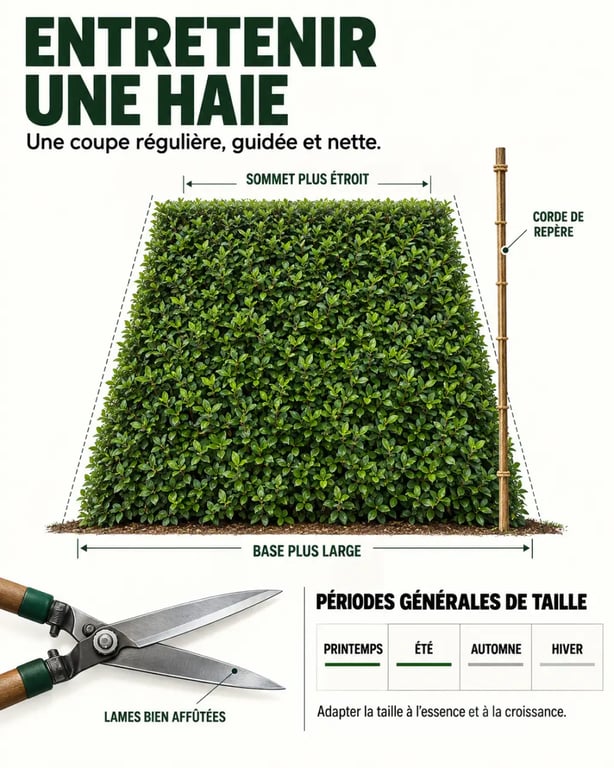 conseil-jardin.net : schéma de taille d’une haie avec forme trapézoïdale et calendrier d’entretien