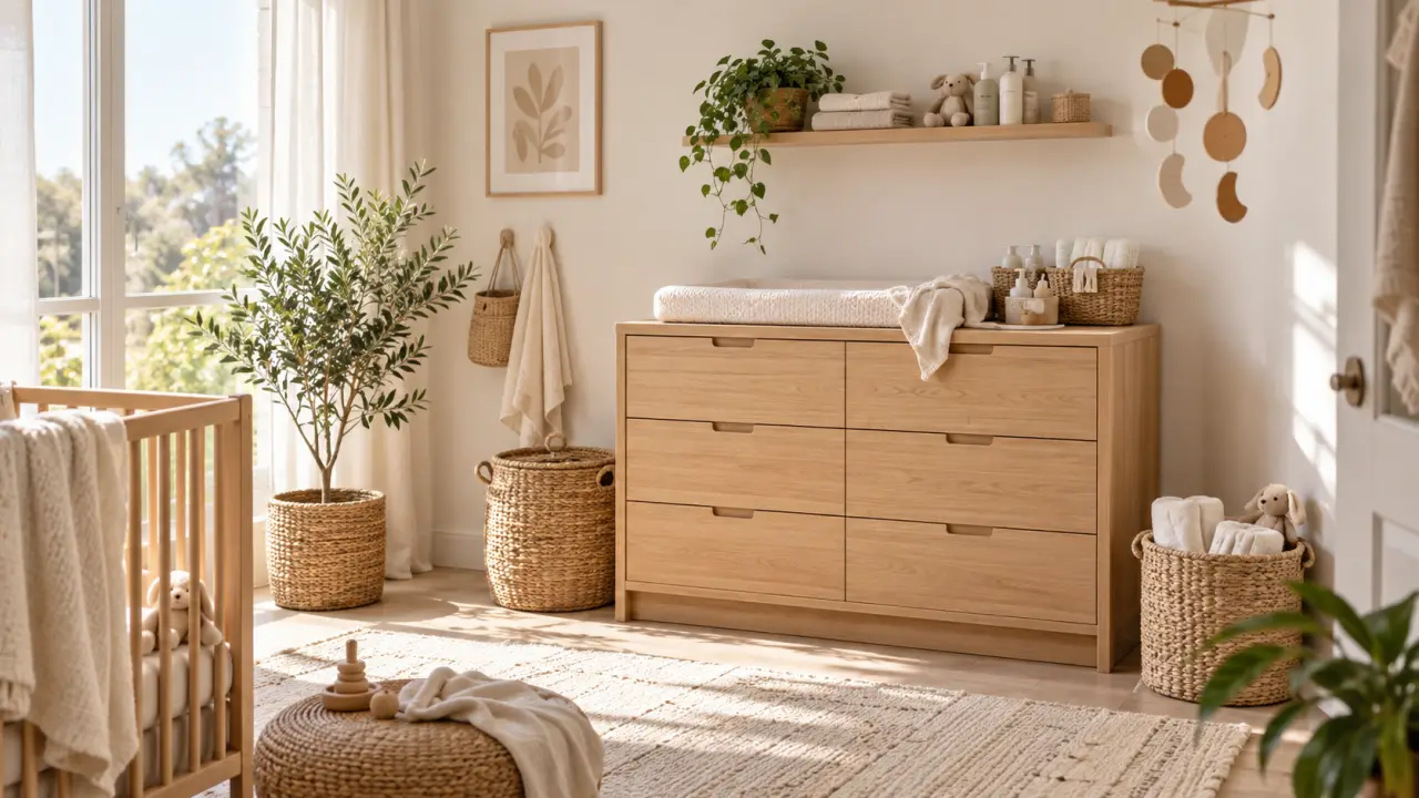 Coin change naturel et lumineux dans une chambre de bébé