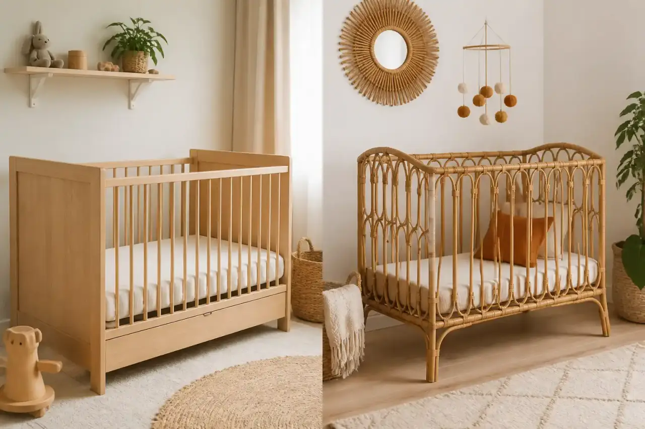 Lit bébé en bois clair ou en rotin dans une chambre douce et lumineuse