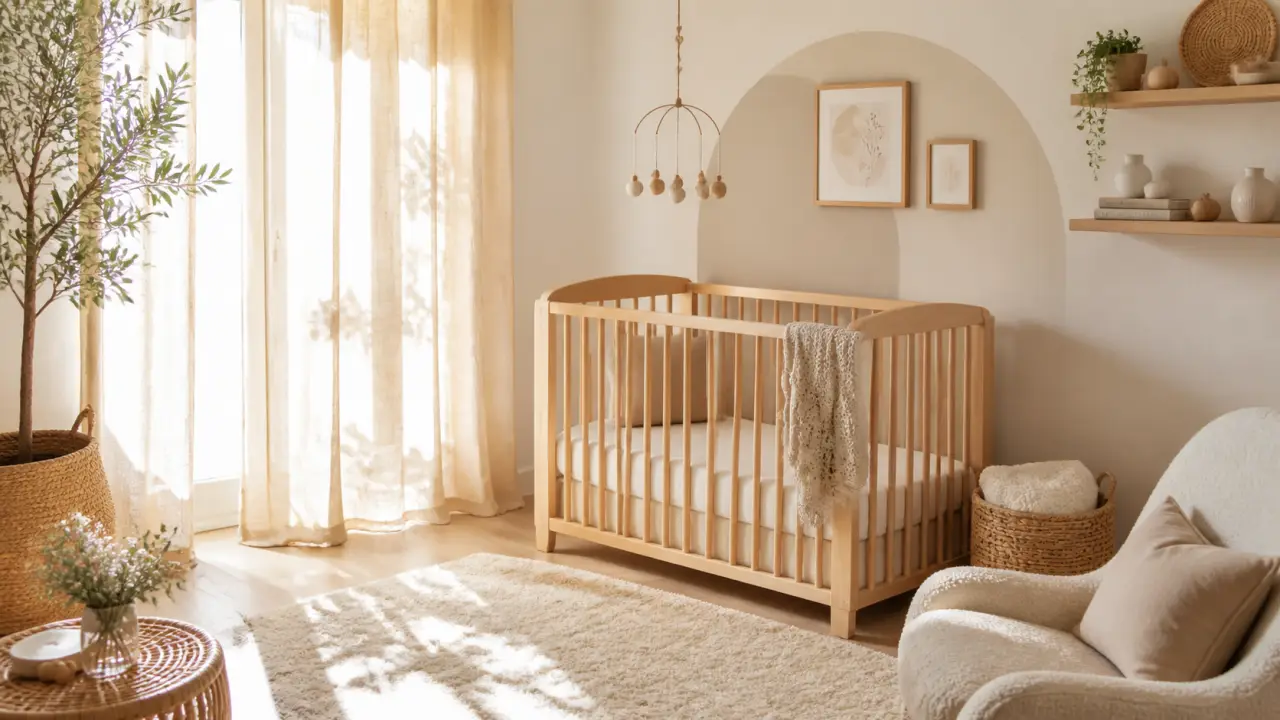 Chambre de bébé douce et lumineuse avec bois clair, linge en lin et formes arrondies