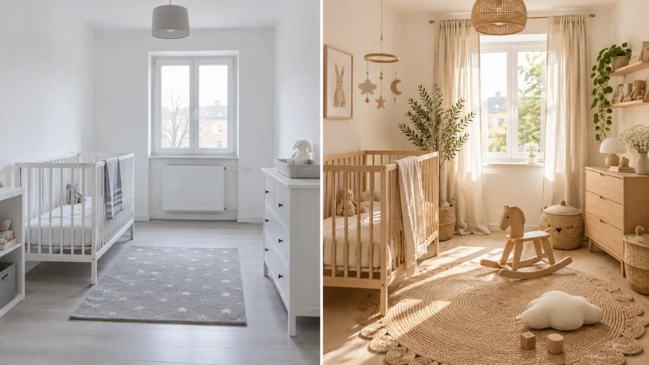 Chambre de bébé lumineuse décorée avec du lin, du bois et des formes organiques