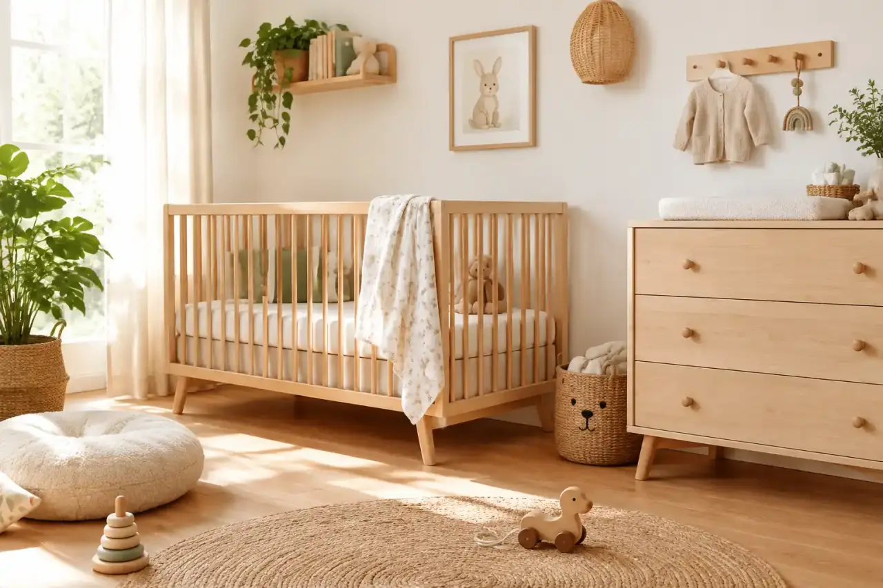 Chambre de bébé naturelle avec mobilier en bois, textiles doux et couleurs apaisantes