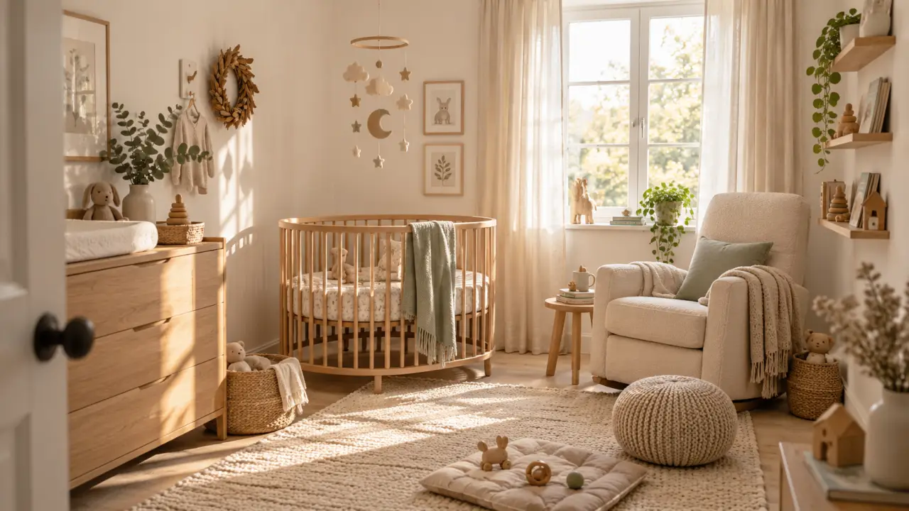 Chambre de bébé lumineuse décorée avec des matières naturelles et des tons doux
