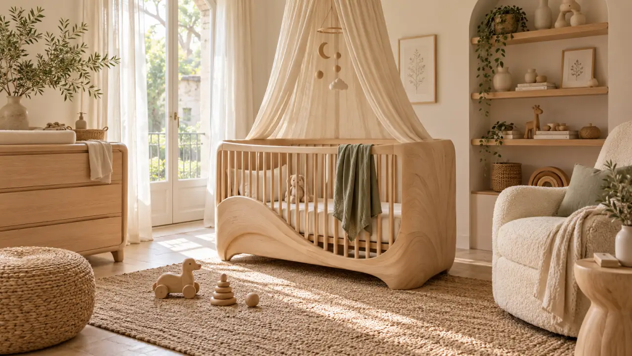 Chambre de bébé lumineuse avec mobilier en bois clair sculpté et formes organiques