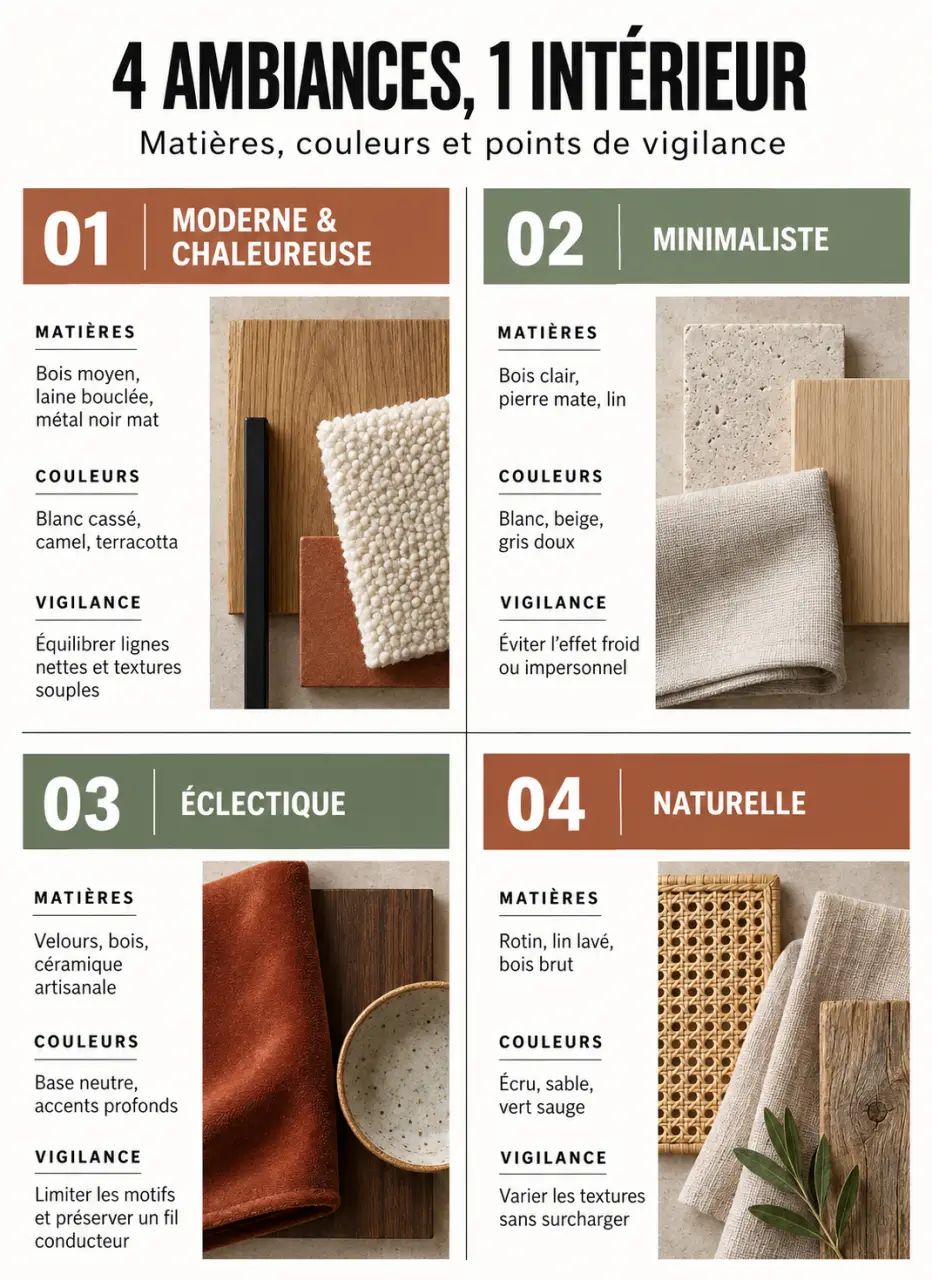 Infographie sur les styles de jolie maison décoration moderne minimaliste éclectique et naturelle