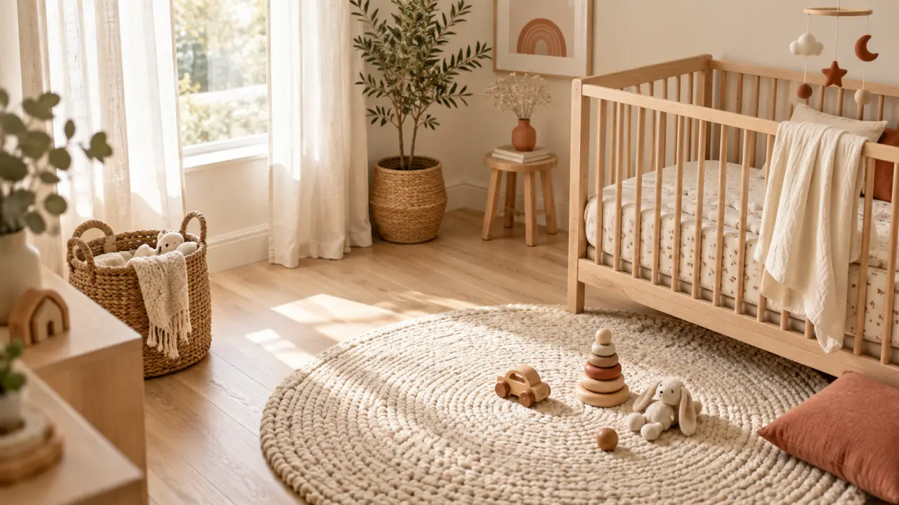 Chambre de bébé lumineuse avec un tapis doux aux formes organiques