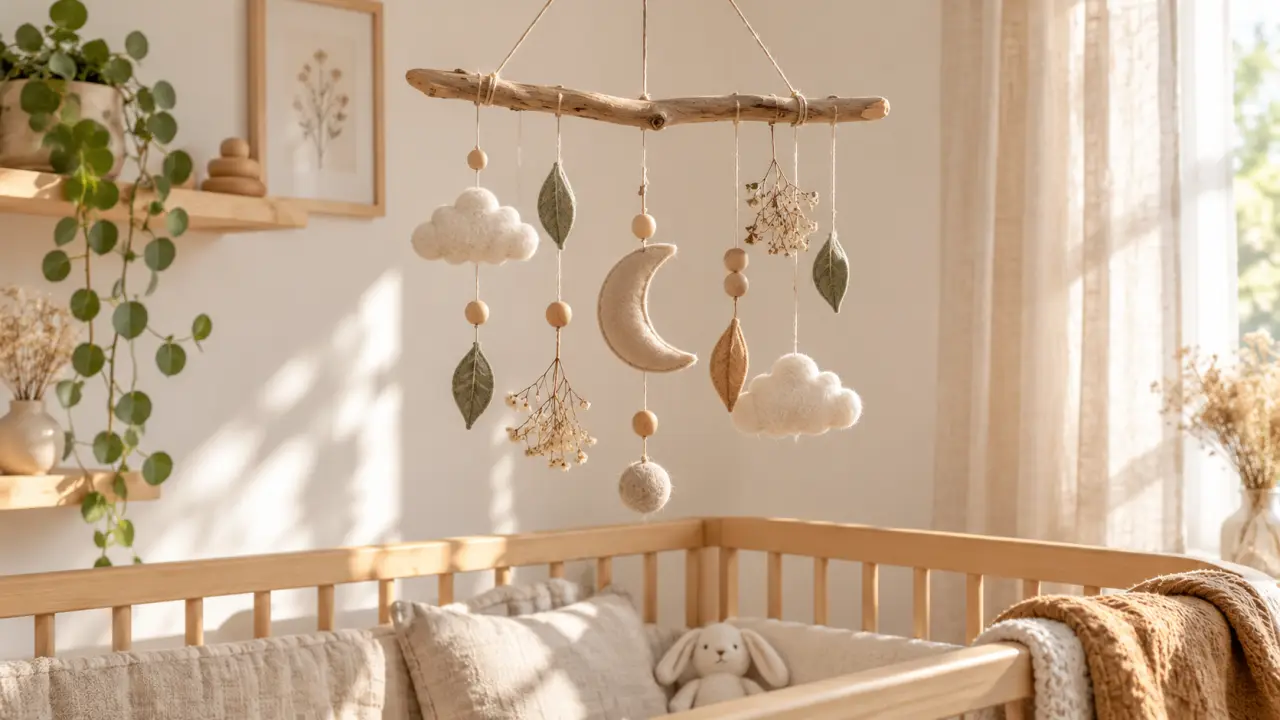 Mobile bébé naturel fait main avec des formes en bois, du papier et de la laine