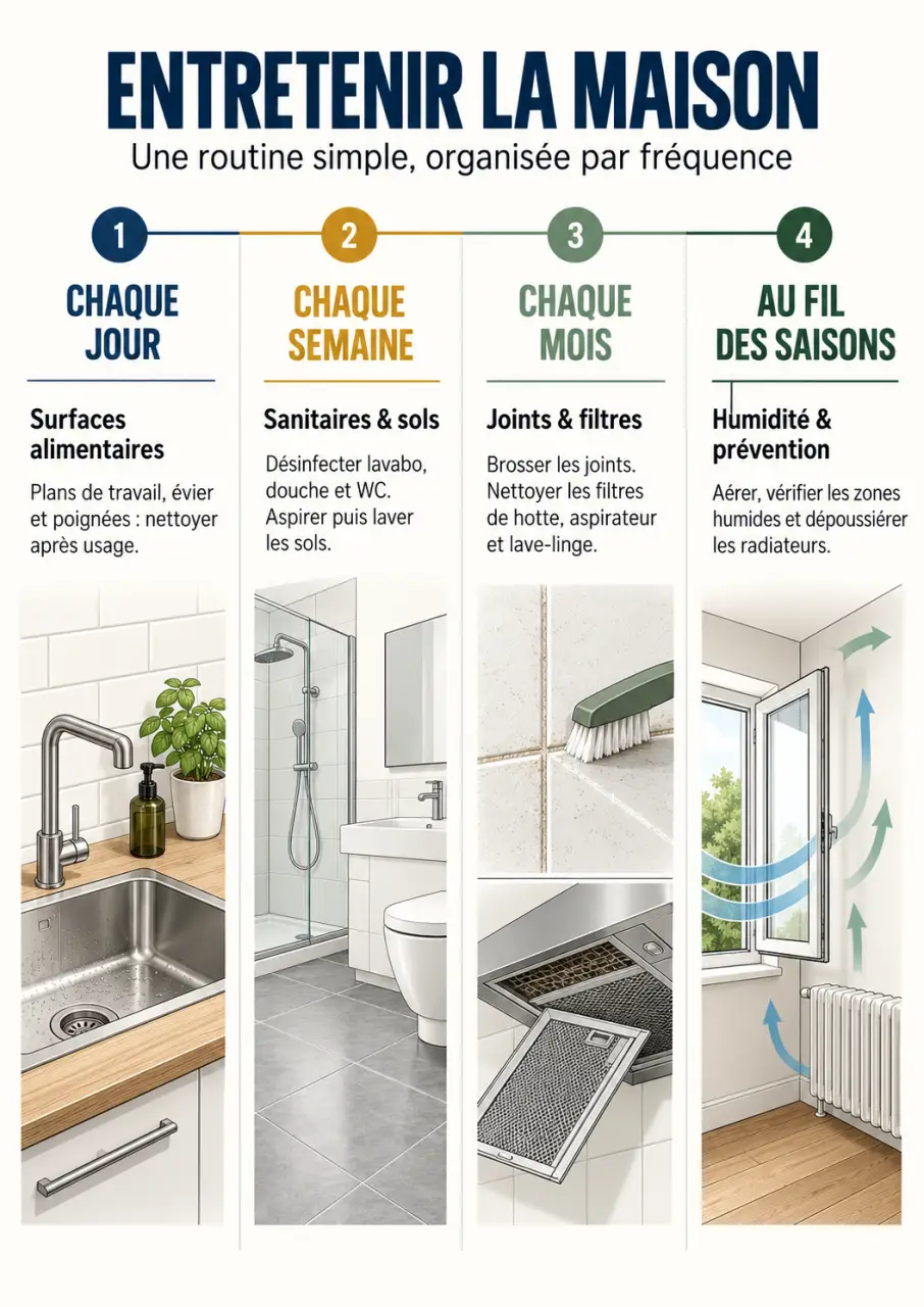 Infographie des fréquences pour l’entretien de la maison au quotidien, chaque semaine et selon les saisons