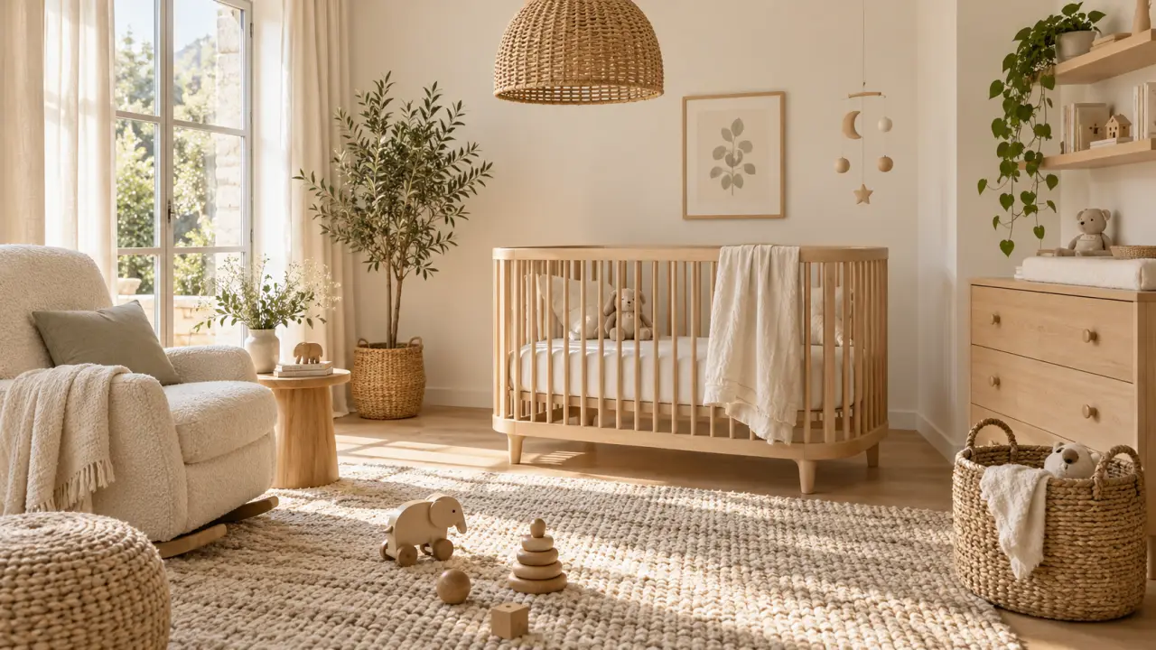 Chambre de bébé lumineuse décorée avec des matières naturelles et des formes douces