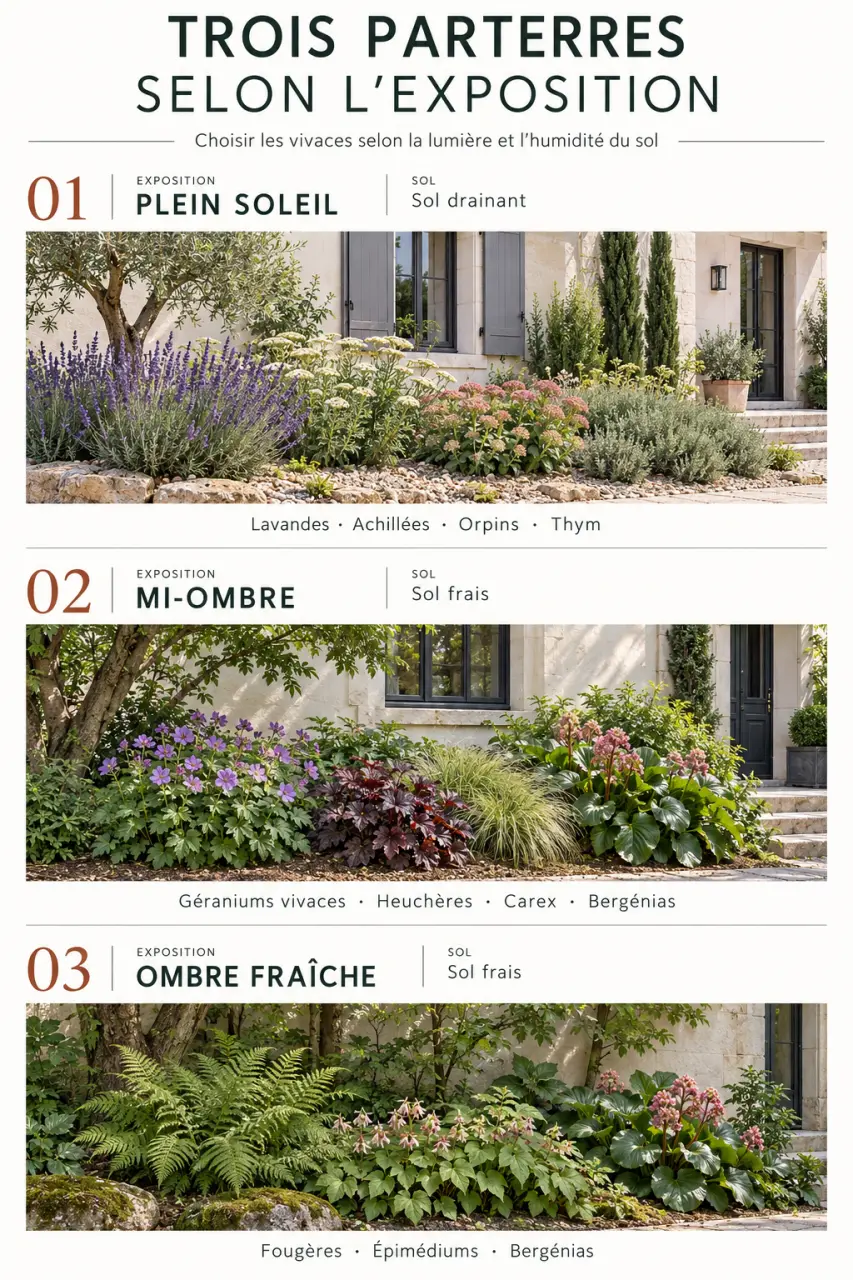Infographie pour choisir un parterre devant maison sans entretien selon le soleil et l'humidité du sol