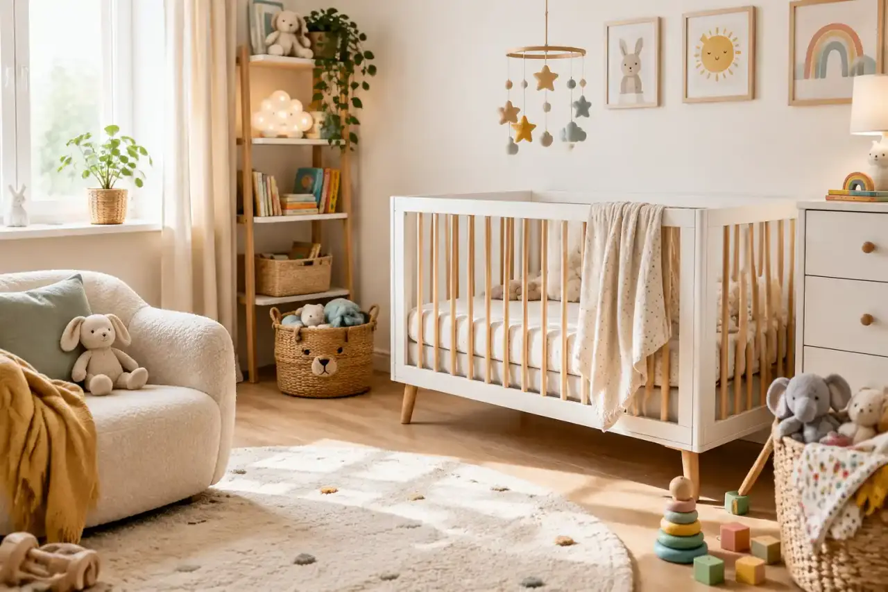 Chambre de bébé lumineuse aux teintes naturelles et aux formes douces