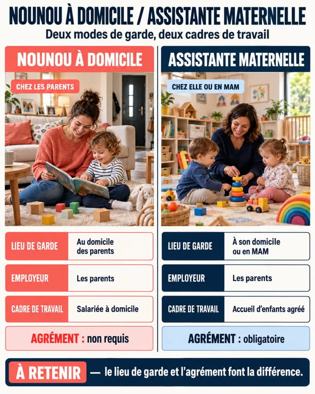 Infographie pour devenir nounou à domicile : différence avec une assistante maternelle