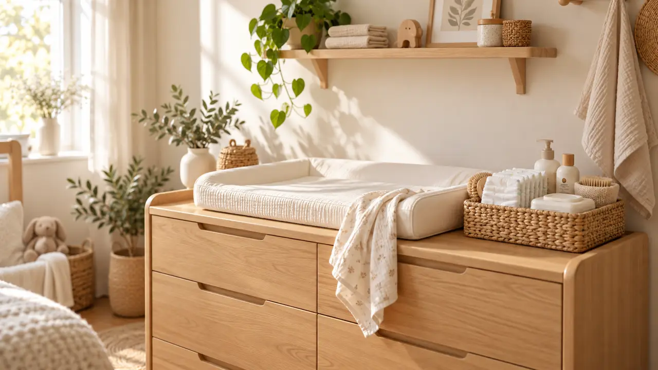 Coin change de bébé lumineux avec bois naturel, paniers en fibres et linge en lin
