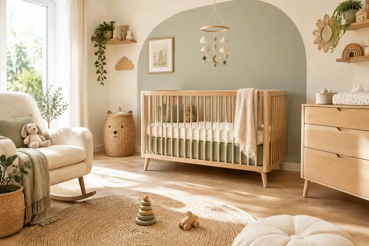 Chambre de bébé naturelle avec mobilier en bois, textiles en lin et couleurs douces