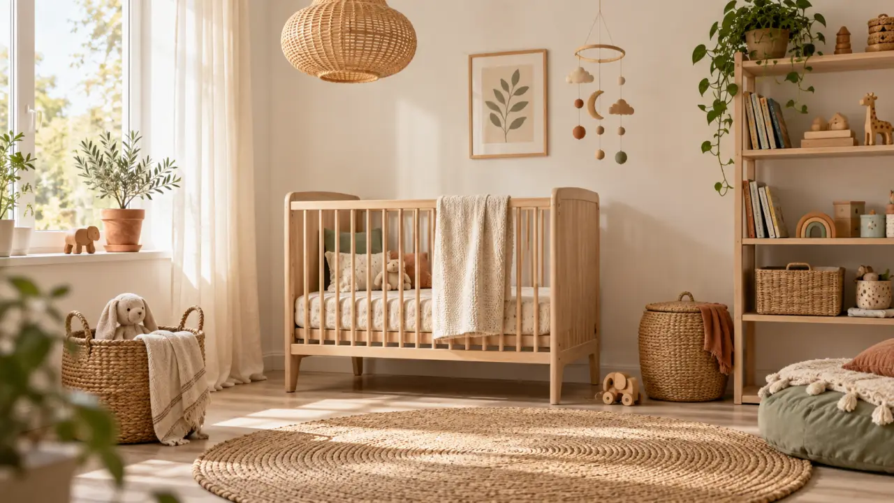 Chambre de bébé chaleureuse décorée avec des matières naturelles et des tons doux