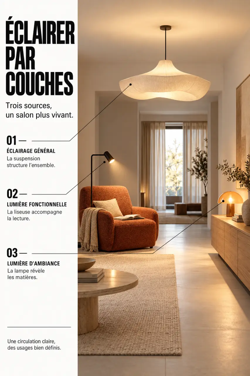 Schéma éditorial de l’éclairage général fonctionnel et d’ambiance dans une jolie maison décoration