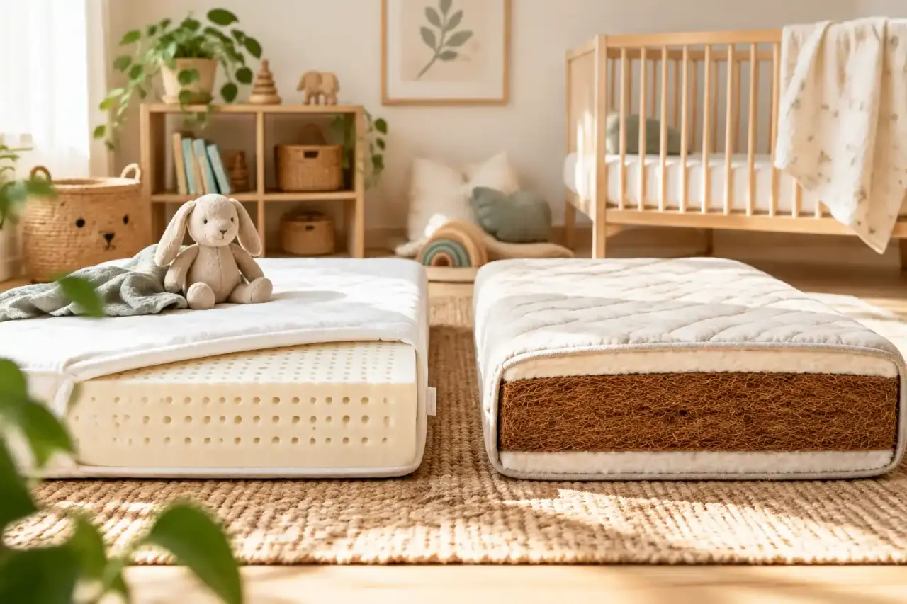 Matelas de bébé en latex et en fibres de coco dans une chambre douce et naturelle