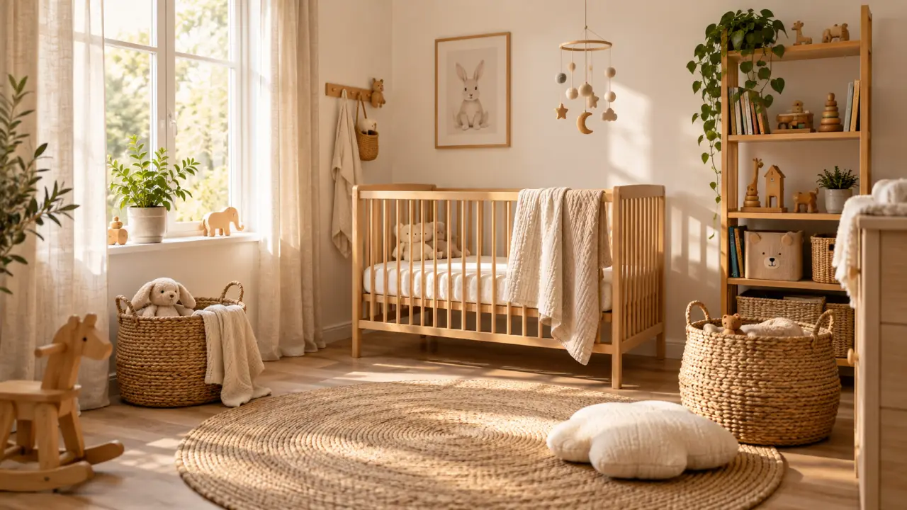Chambre de bébé naturelle aux tons doux avec mobilier en bois et textiles en lin