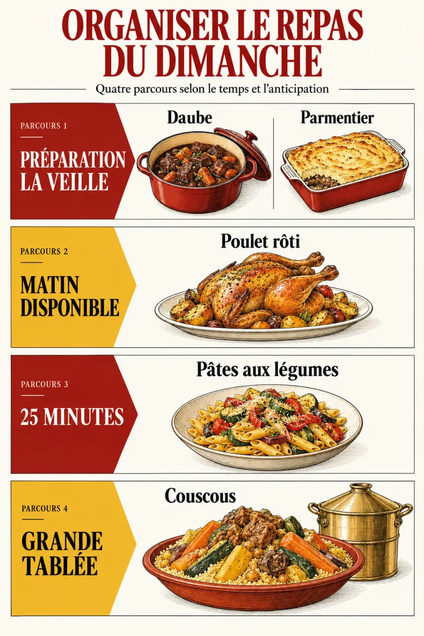 Idées de repas dominical selon le temps disponible et le nombre de convives