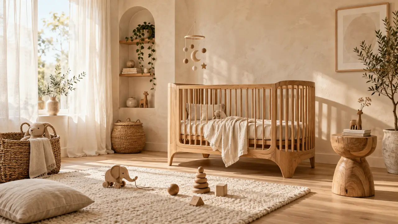 Chambre de bébé lumineuse décorée avec du bois, du lin et des matières naturelles