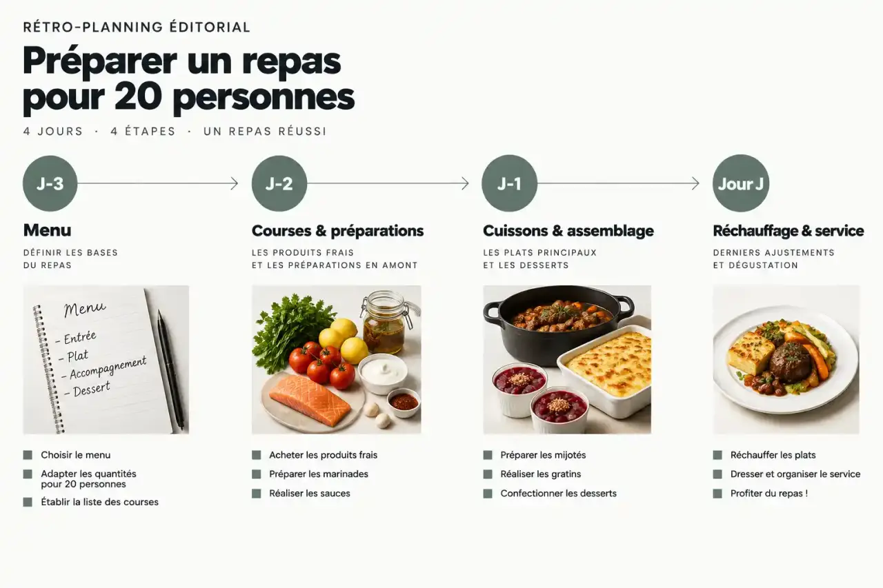 Rétro-planning de J-3 à J-1 pour organiser un repas pour 20 personnes