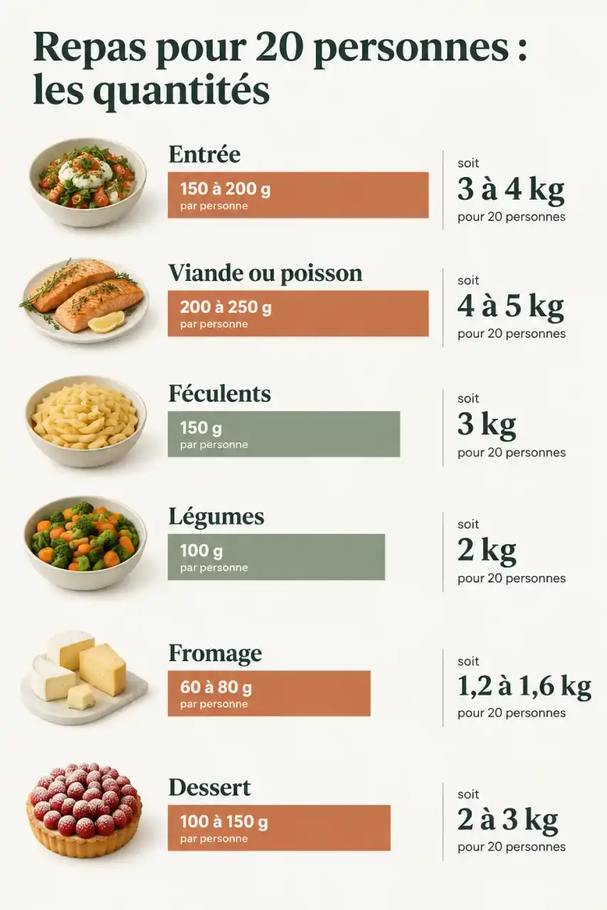 Infographie des quantités par personne et pour 20 personnes pour un repas pour 20 personnes