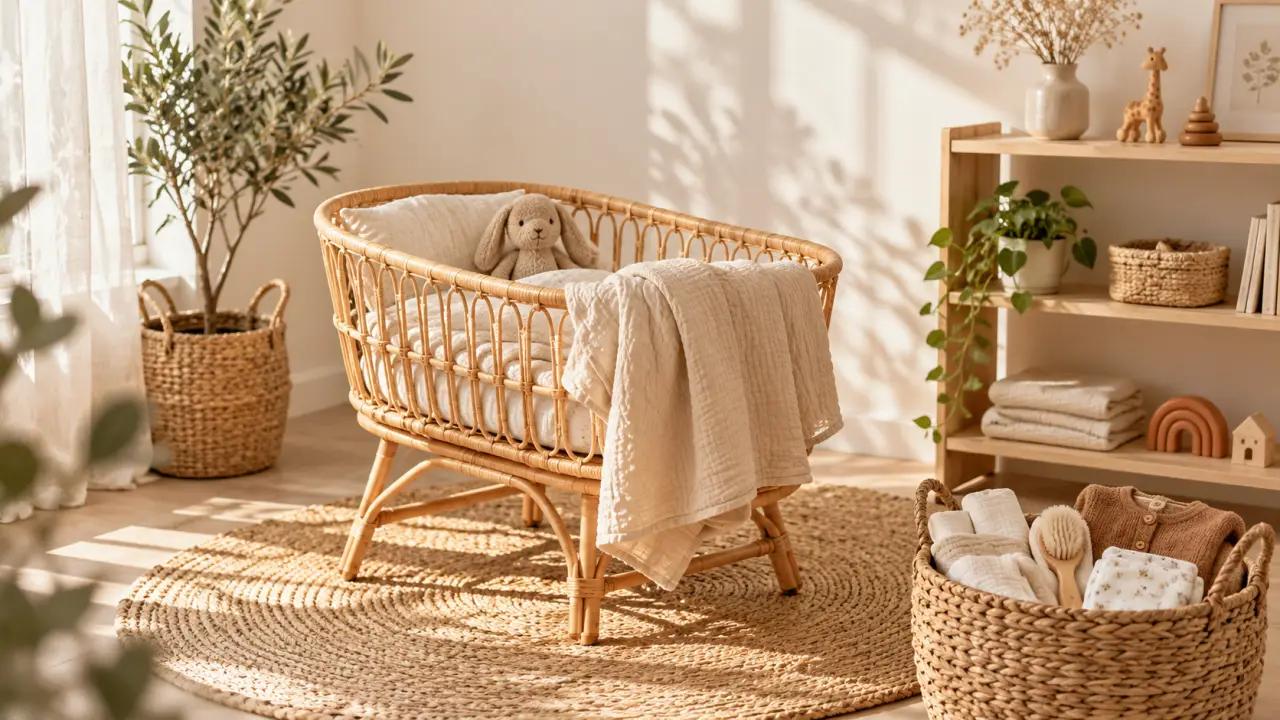 Cocon lumineux pour bébé aménagé avec du bois, du lin et des matières naturelles