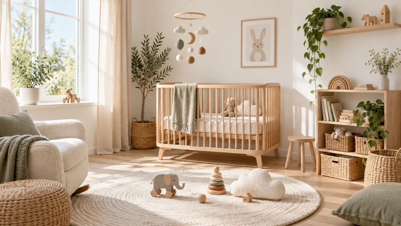 Chambre de bébé chaleureuse décorée avec des formes douces et des matériaux naturels